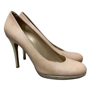 Stuart Weitzman Nude Leather Platform Sz 9 Pumps Gold Stiletto Heels Elegant